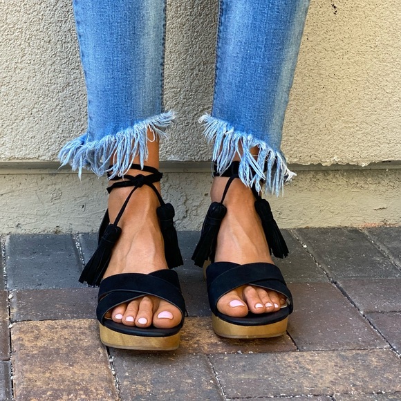 Genuine Leather Ankle Tassel Wrap Wooden Platform - Picture 3 of 9